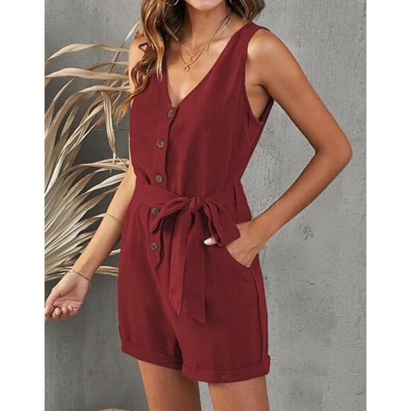 Womens Sleeveless Burgundy Button-Front Romper W Pockets 80%Viscose & 20%Linen M - Picture 1 of 12